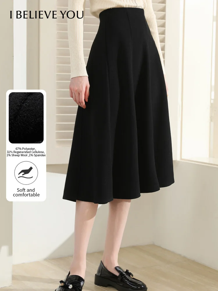 

I BELIEVE YOU Wool Black Midi Skirt for Women Autumn Winter 2025 Elastic High Waist A-line Umbrella Skirt Office Lady 2253026170