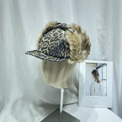Niche Trend Retro Leopard Print Plush Short Brim Lei Feng Cap for Men and Women Winter Warm Ear Protection Flight Bomber Hats
