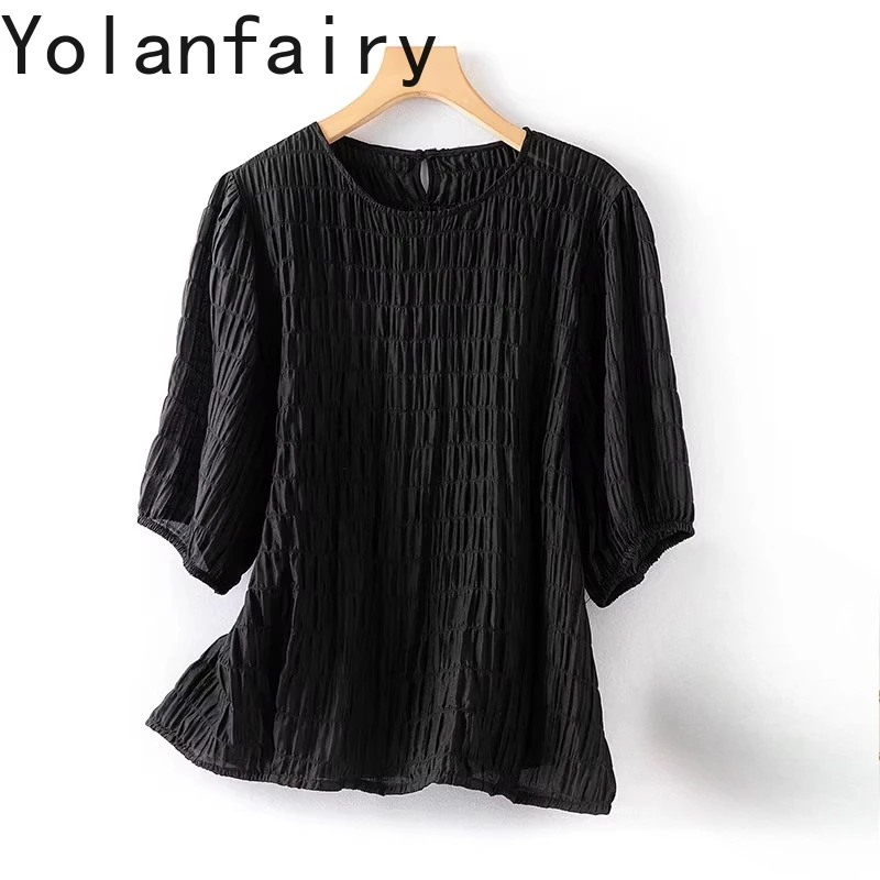 YOLANFAIRY 93% Real Mulberry Silk T Shirts Woman Clothing 2026 Summer Short Sleeve Tee Shirt Femme Casual Bubble Crepe Blouses