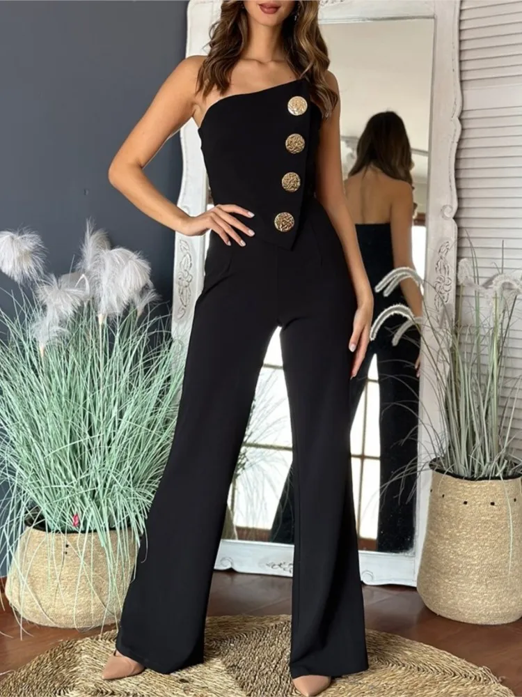 2025 New Fashion Women's Jumpsuit Summer Sexy Backless Slim Tube Top Button Bootcut Long Pants Jumpsuits For Women Streetwear