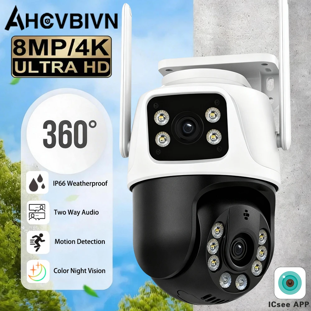 

8-мегапиксельная 4K HD Wi-Fi камера видеонаблюдения с двумя объективами и двумя экранами, обнаружением человека, цветным ночным видением, для наружного использования, PTZ IP-камера iCSee