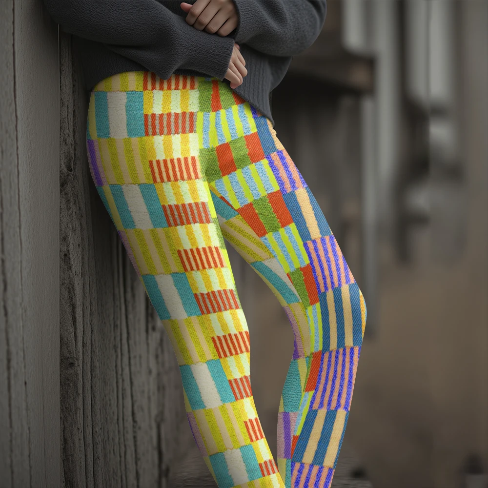 Women's High-Waisted Vibrant Patchwork Striped Leggings Multicolor Geometric Pattern Stretchy Yoga Pants for Trendy Activewear
