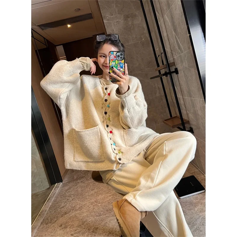 Vintage Fashion Simple Commuting Wavy Edge Handmade Flower Knitted Cardigan Women\'s Korea East Gate Vintage Loose Lazy Sweater C