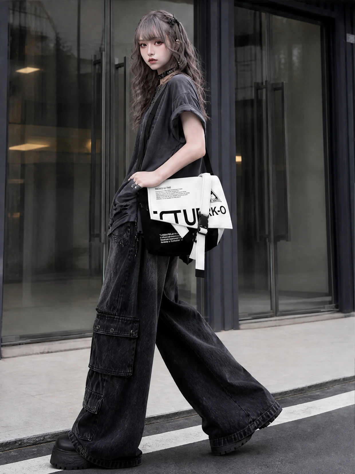 

YONAIGA Original Large Capacity Casual Unisex Shoulder Crossbody Bag Cool Black White Color Contrast Daily Use Soft Polyester