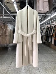 Big Collar Bathrobe Overcoat Double-sided Cashmere Woolen Coat Women Long Length Autumn Winter Loose Wool Cloak Lace Up Jacket