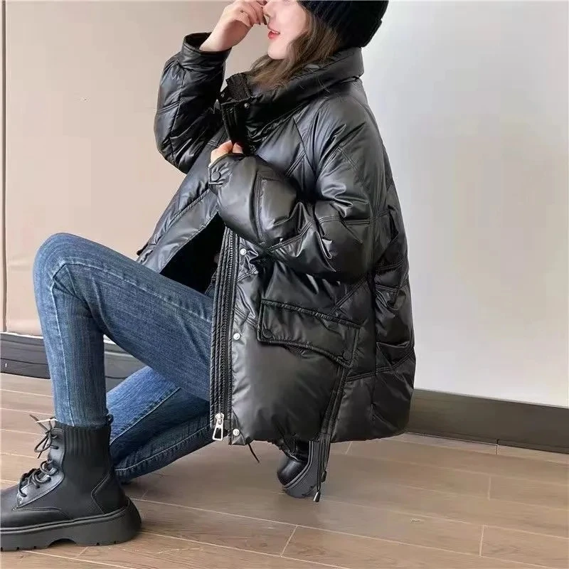 Winter Glossy Down Cotton Coat Women Korean Loose Thicken Warm Parkas Stand Collar Zipper Fuffer Jacket Female Casual Jackets