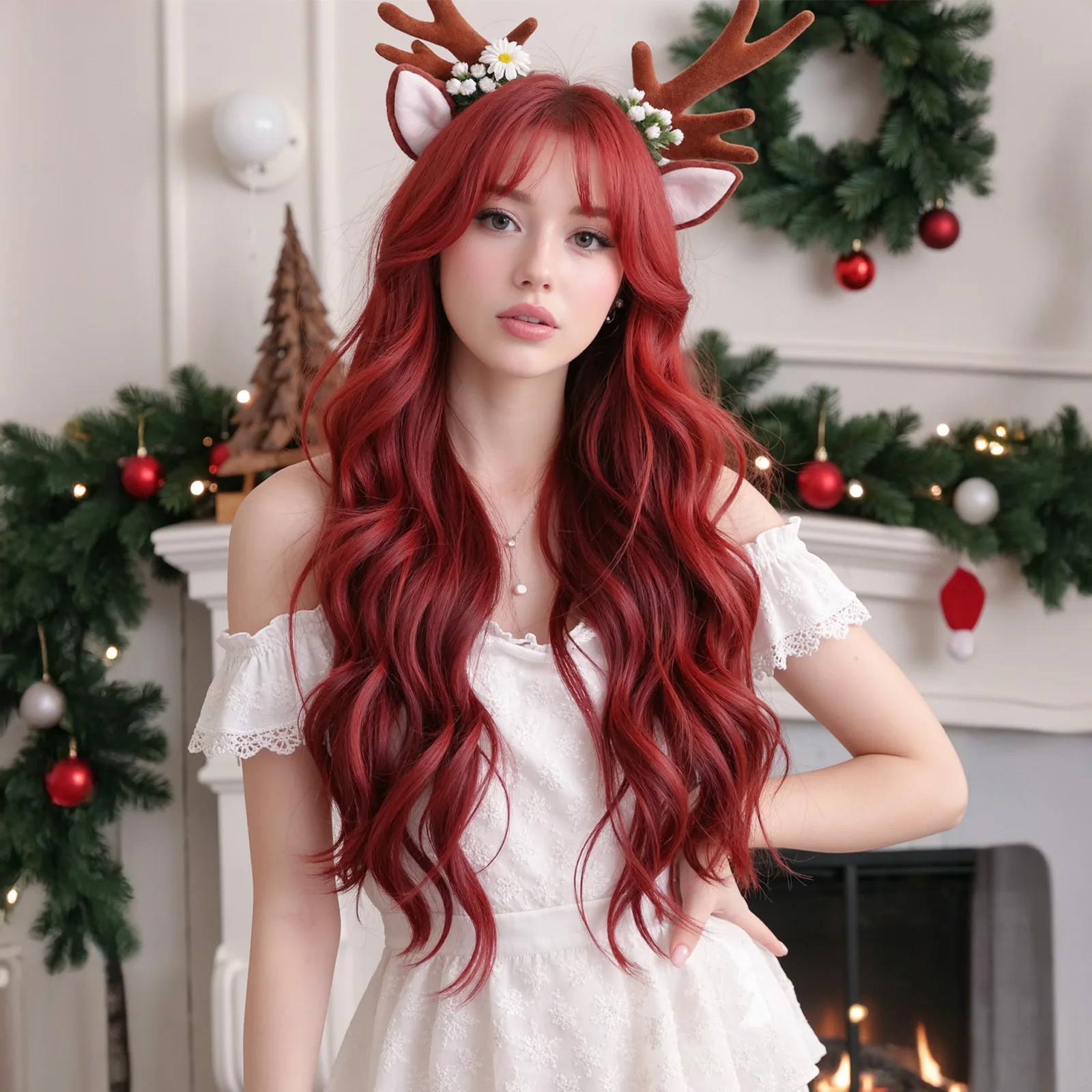Christmas Long Wavy Synthetic Wig Burgundy Wine Red Colorful Cosplay Lolita Wigs with Medium Part Bangs for Women Heat Resistant
