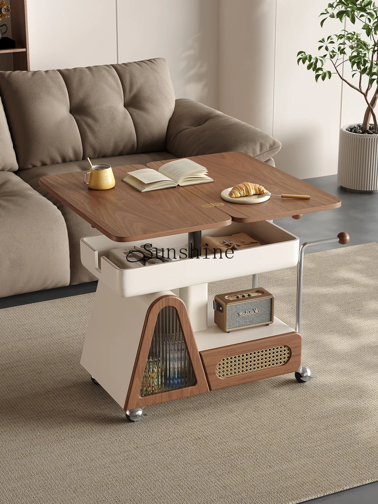 Modern minimalist movable living room solid wood coffee table tea table integrated rotating tea dining car