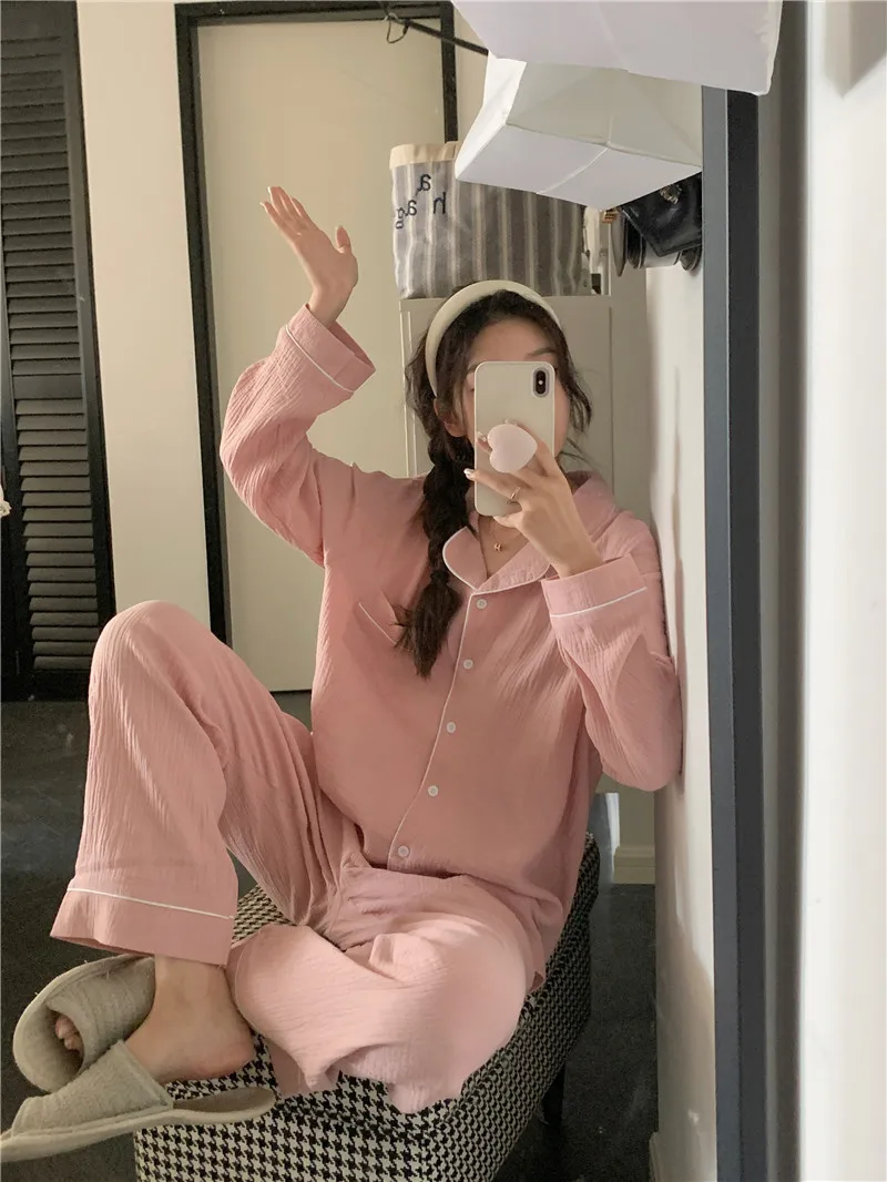 Korean Autumn Pajamas Set Women Cotton Solid Single Breasted Shirts + Pants Loose Casual Two Piece Home Suit Sleepwear Elegant