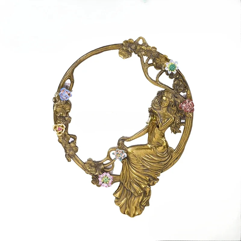 

Heavy metal hollow carving retro entrance mirror dressing mirror European style all copper flower bird decorative mirror