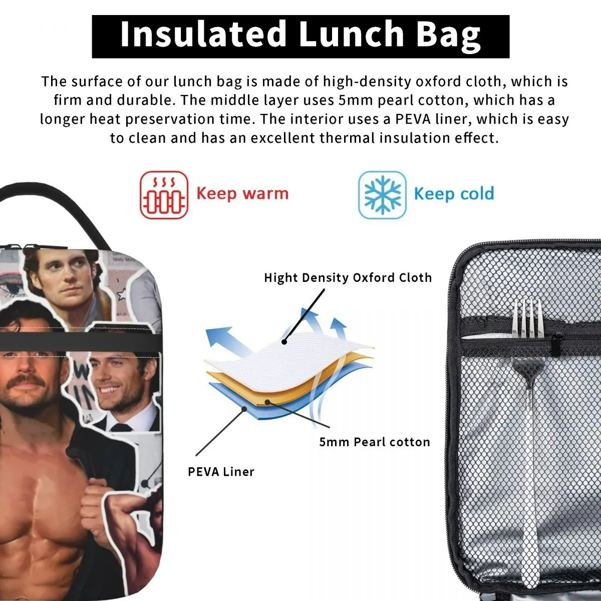 Henry Cavill Photo Collage Produto Isolado Lunch Bag, Saco De Armazenamento De Alimentos De Escritório, Refrigerador Térmico Portátil Lancheiras