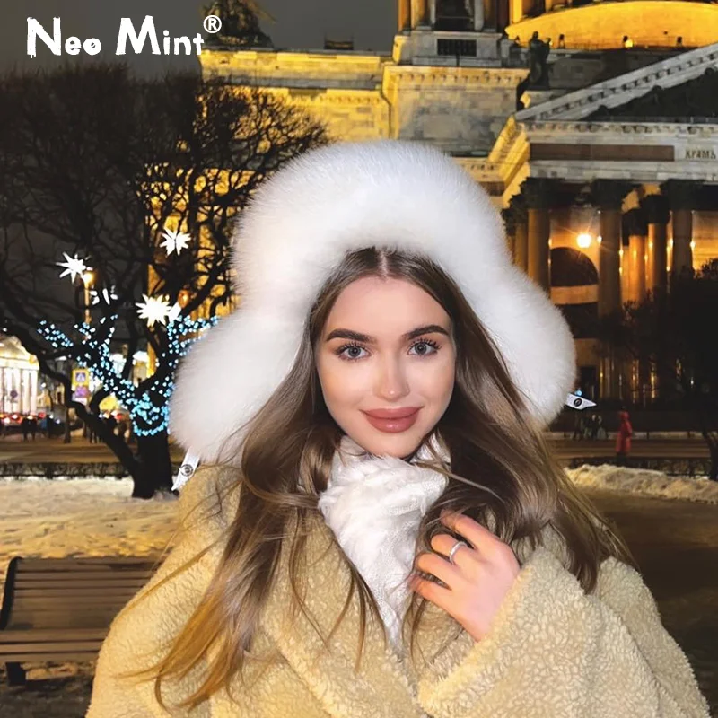Winter Faux Fox Fur Hat Women Quality Fur Bomber Hat Real Fur Trapper Hat, Black Fox Fur Hat Woman, Aviator Fur  main image 4