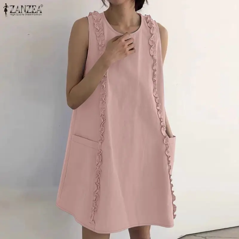 ZANZEA Women Ruffled Trim Short Dress Summer O-Neck Sleeveless Solid Color Sundress Daily Casual Holiday Knee-Length Robes Femme