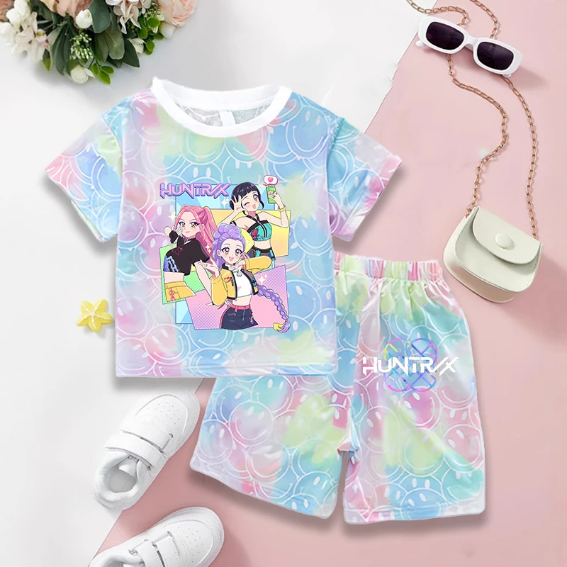 

KPop охотники на демонов, детские футболки, брюки, костюм, летняя одежда для девочек с героями мультфильмов, наряд с фигурками аниме, спортивный костюм, футболки, детские пижамные комплекты