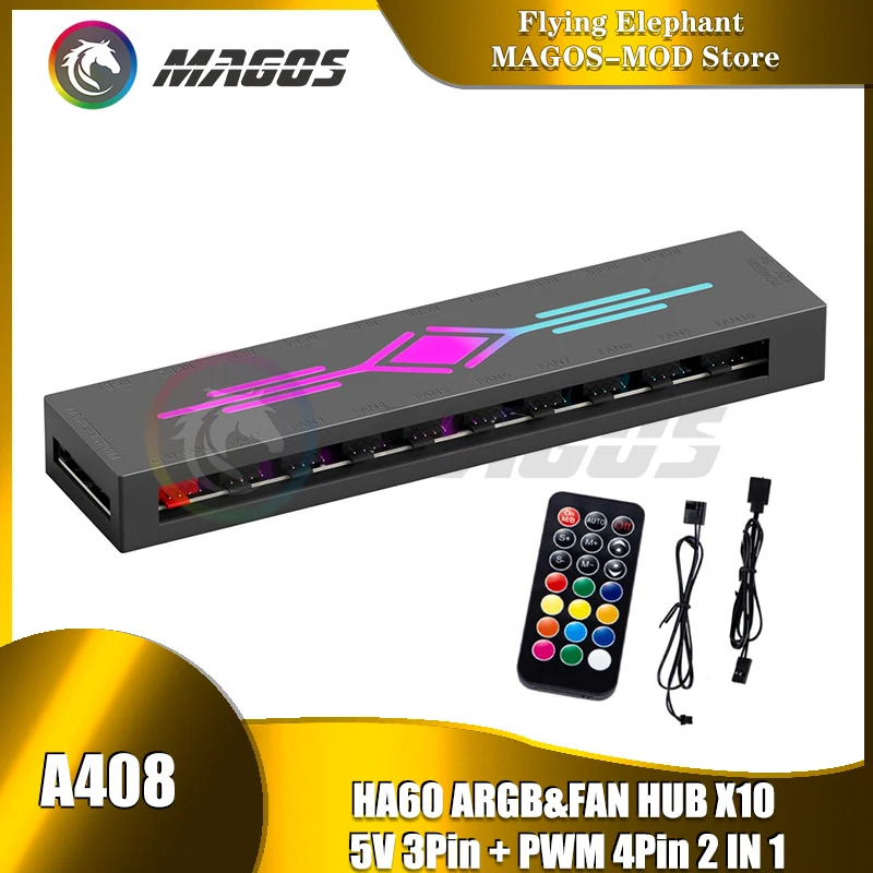 

ARGB & FAN HUB X10 5V 3Pin + PWM 4Pin 2 IN 1, Support M/B AURA SYNC & Music Induction & IR Remote Control, Black/White-HA60