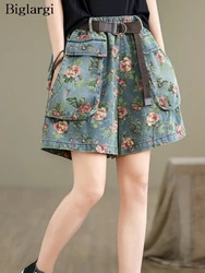 Jeans Summer Flower Print Mini Wide Leg Shorts Women Casual Modis Loose Ladies Trousers Ruffle Pleated Woman Elastic Waist Short