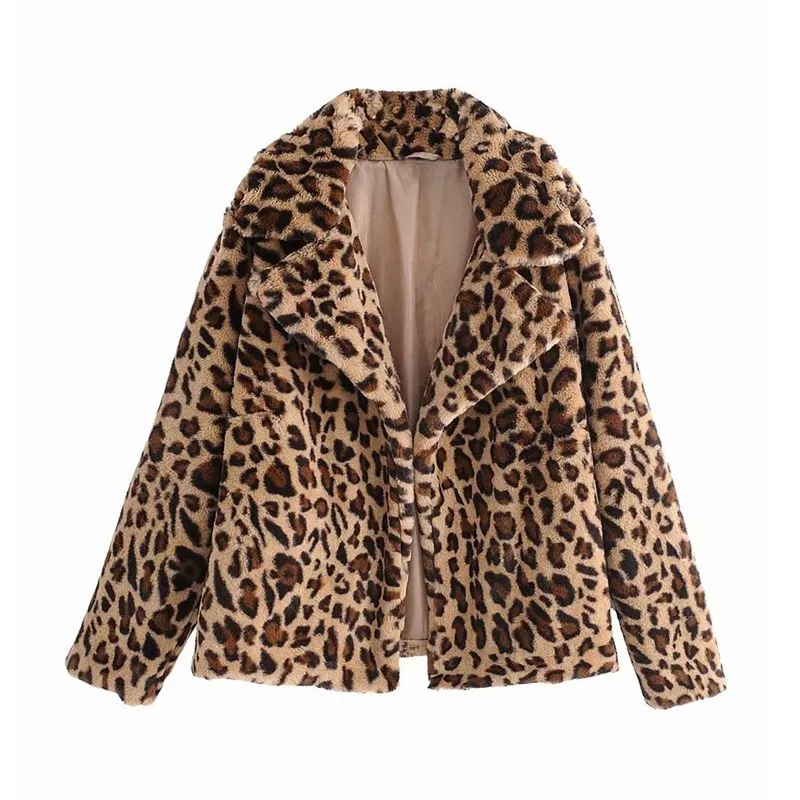 Women\'s Short Leopard Print Faux Fur Coat - Loose Fit, Thickened, New Arrival 2024, Sexy Women\'s Long