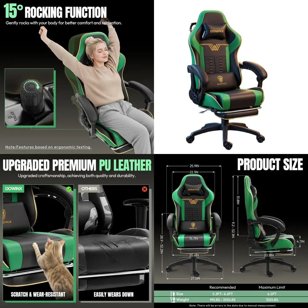 

Эргономичное игровое кресло повышенной прочности для крупных и высоких людей, грузоподъемность 350 фунтов, с функцией массажа и подставкой для ног, зеленое