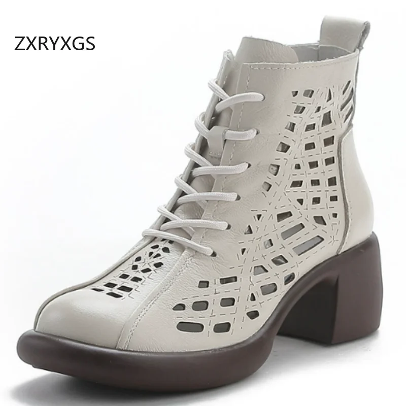 ZXRYXGS 2026 New Trendy Lace-up Side Zip Genuine Leather Hollow Boots Breathable Spring Summer Boots Women High Heel Boots Cool