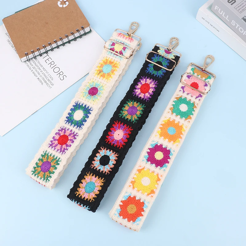 Fashion Crochet Flower Bag Strap Wide Adjustable Shoulder Bag Strap DIY Knitted Ethnic Embroidery Purse Bag Strap Accessories