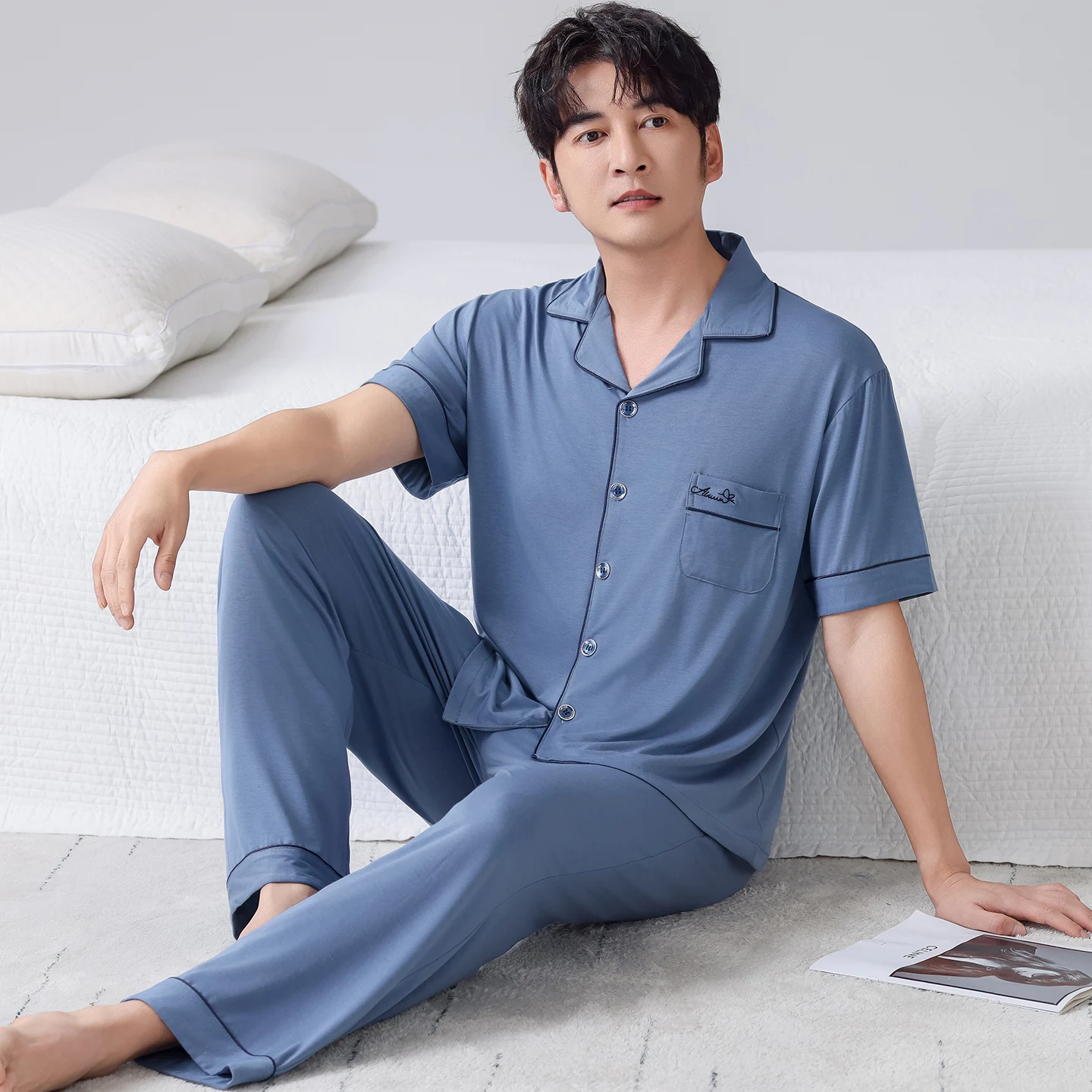 Men Cardigan Pajamas Set Summer Soft Modal Pyjamas Male Home Clothes Short-sleeve Tops + Long Pants 2 pcs/set Sleepwear
