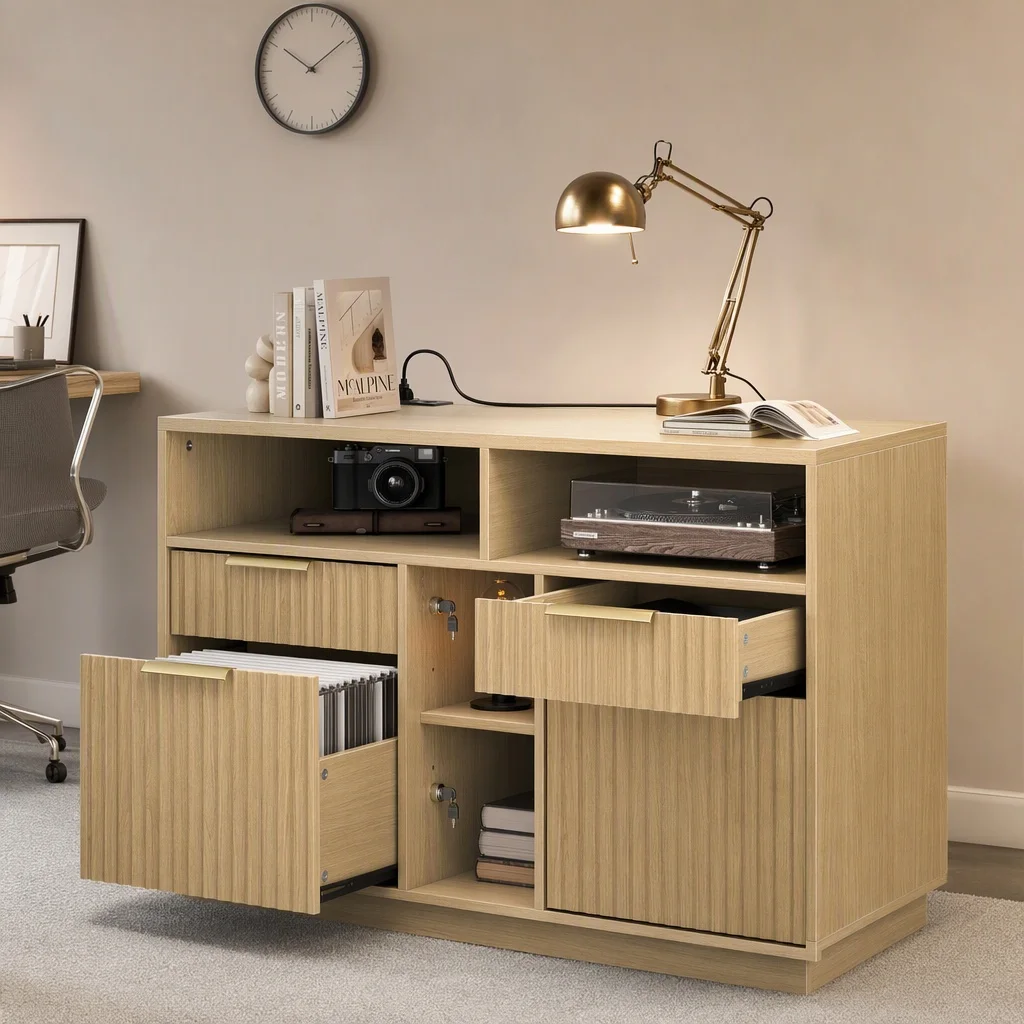 4 Drawer File Cabinet, Fluted Wood Lateral Filing Cabinet with Lock and Charging Station for Home Office, Printer Stand with Open Storage Shelves, Fits A4, Letter Size