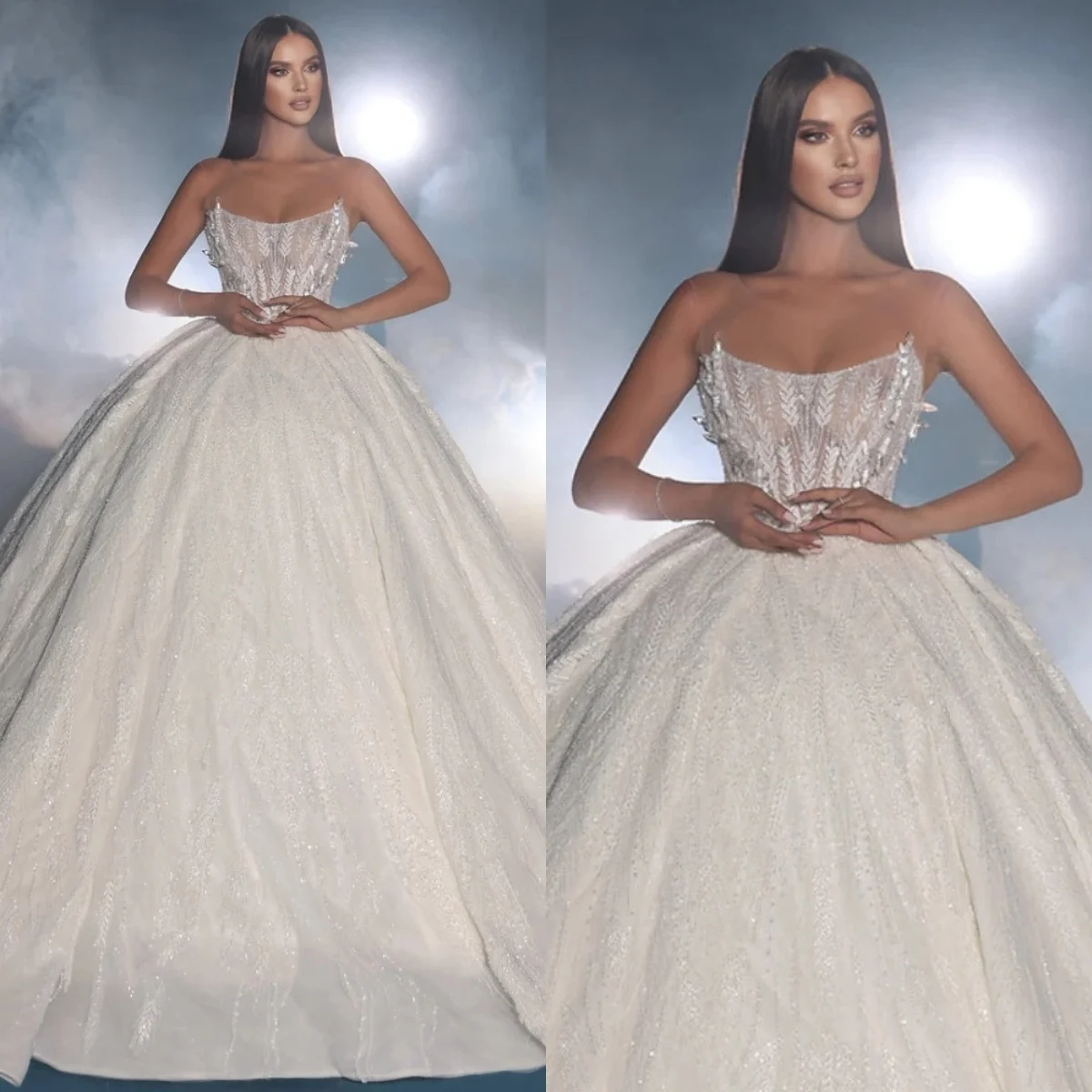 

Elegant Ball Gown Wedding Dress For Women Sheer Neck Sleeveless Bridal Gowns Sequins Appliques Sweep Train Dresses Customized