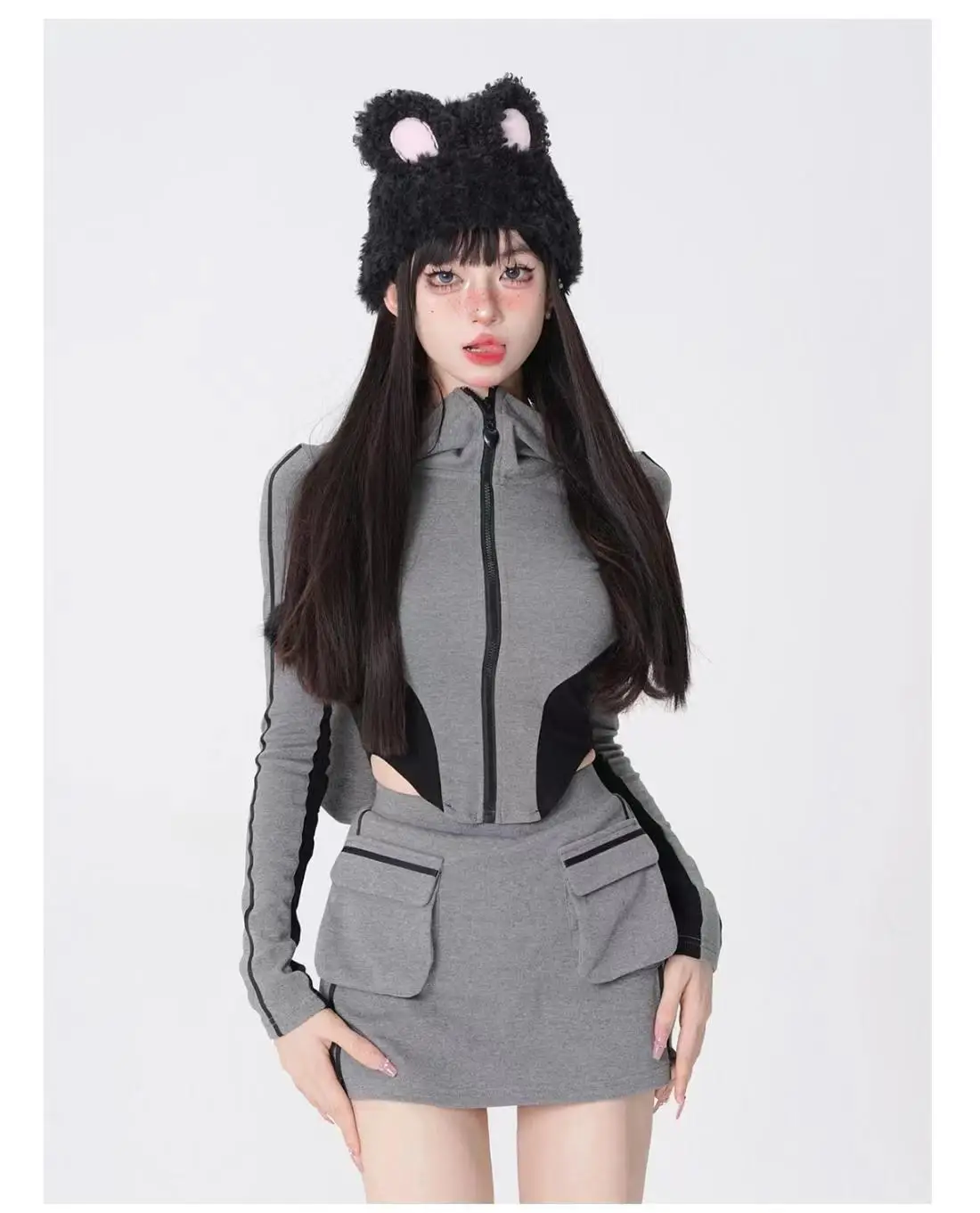 Sports Sweet Girl Pink Gray Sports Casual Suit Korean Fashion Women Autumn Winter Versatile Hooded Jacket Designed Skirts Y2k