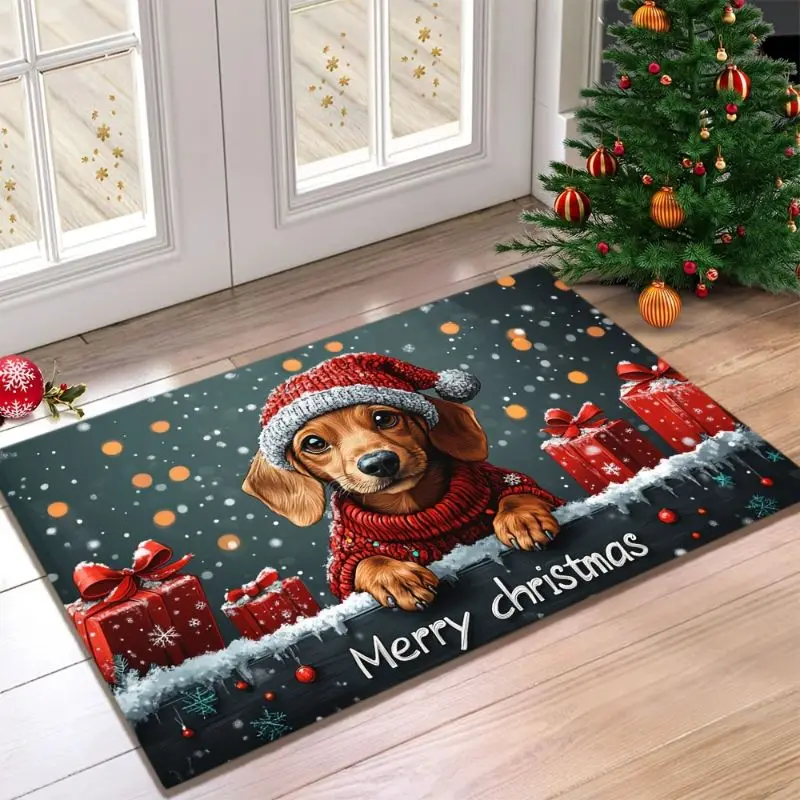 VIKAMA Christmas Dachshund Dog Rug Non Slip Washable Floor Mat Merry Christmas Gift Holiday Decor Carpet Entryway Home Decor