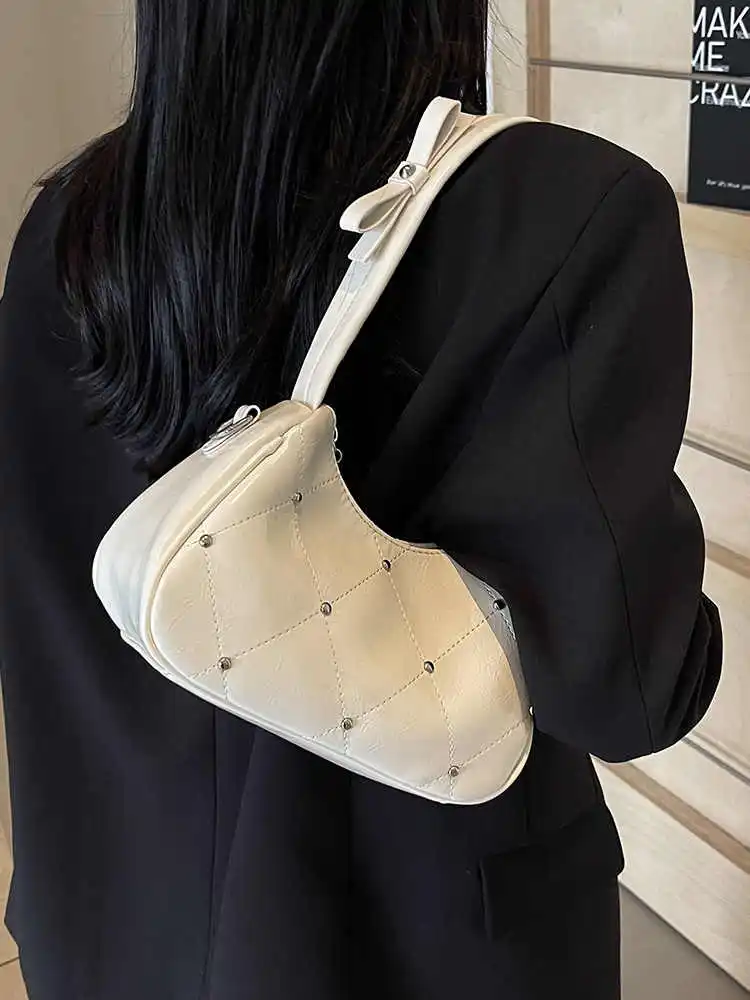 

Korean Bow High-Grade Soft Leather Shoulder Bags for Women Classic Red Diamond Lattice Half Moon Bag Lady Commuter Phone Purse