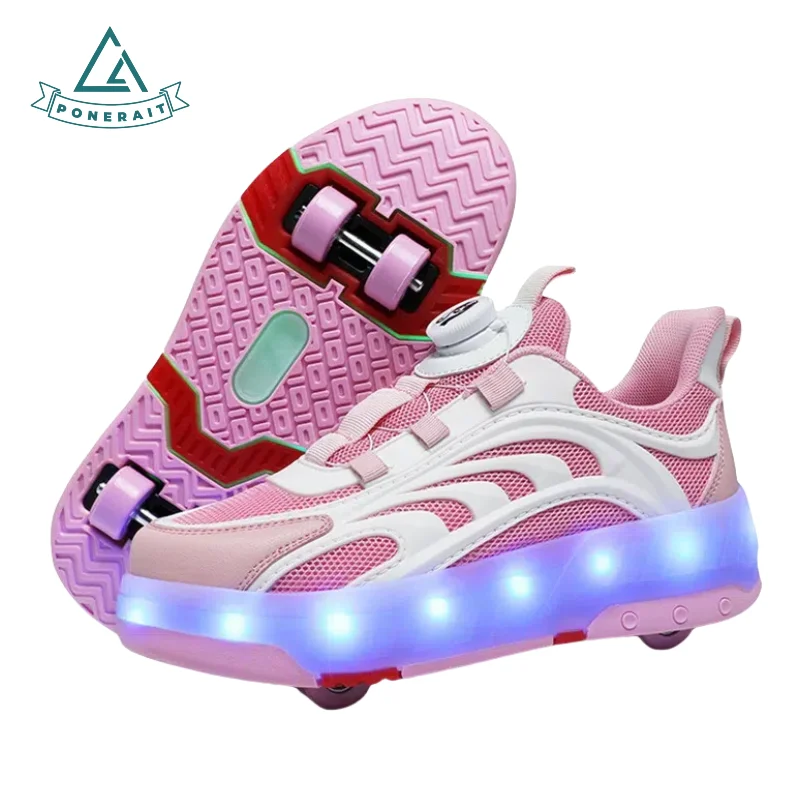 

PONERAIT Girls Shoes with Wheels Skate for Kids - 4 Wheel LED Light Up Shoes with Rotating Buckle Breathable Mesh Fabric
