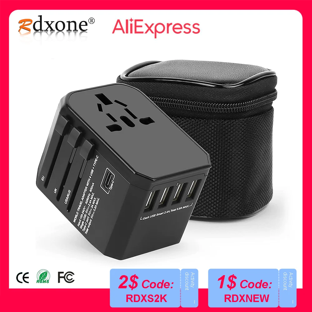 

Rdxone Universal Travel Adapter 4USB Ports and 1 Type C Charging Power Adapter Wall Charger for US EU UK AUS Travel