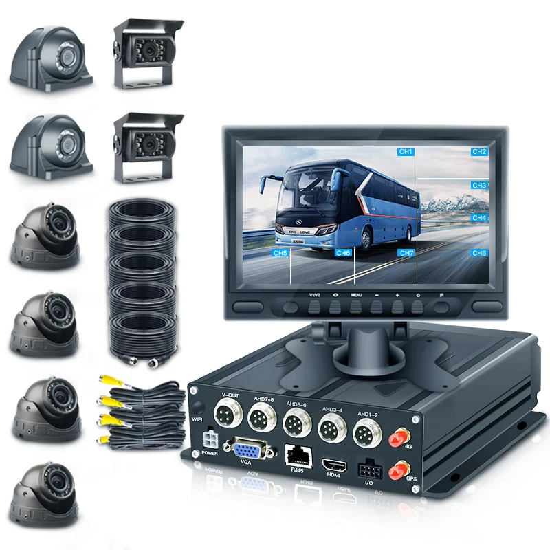 Truck Bus Vehicle 1080P H.264 8CH SD DVR 4G GPS 7 Inch Car Display 8 Channel MDVR Camera Kit