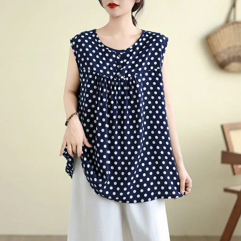 

Women's Navy Blue Polka Dot Sleeveless Blouse Loose Fit Ruffled Casual Top