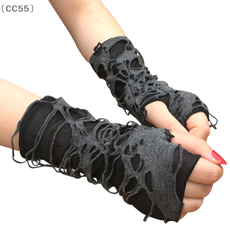 maveraCC55uls1 par de guantes sin dedos negros desgastados guantes góticos de Halloween estilo Punk rasgados accesorio de Cosplay