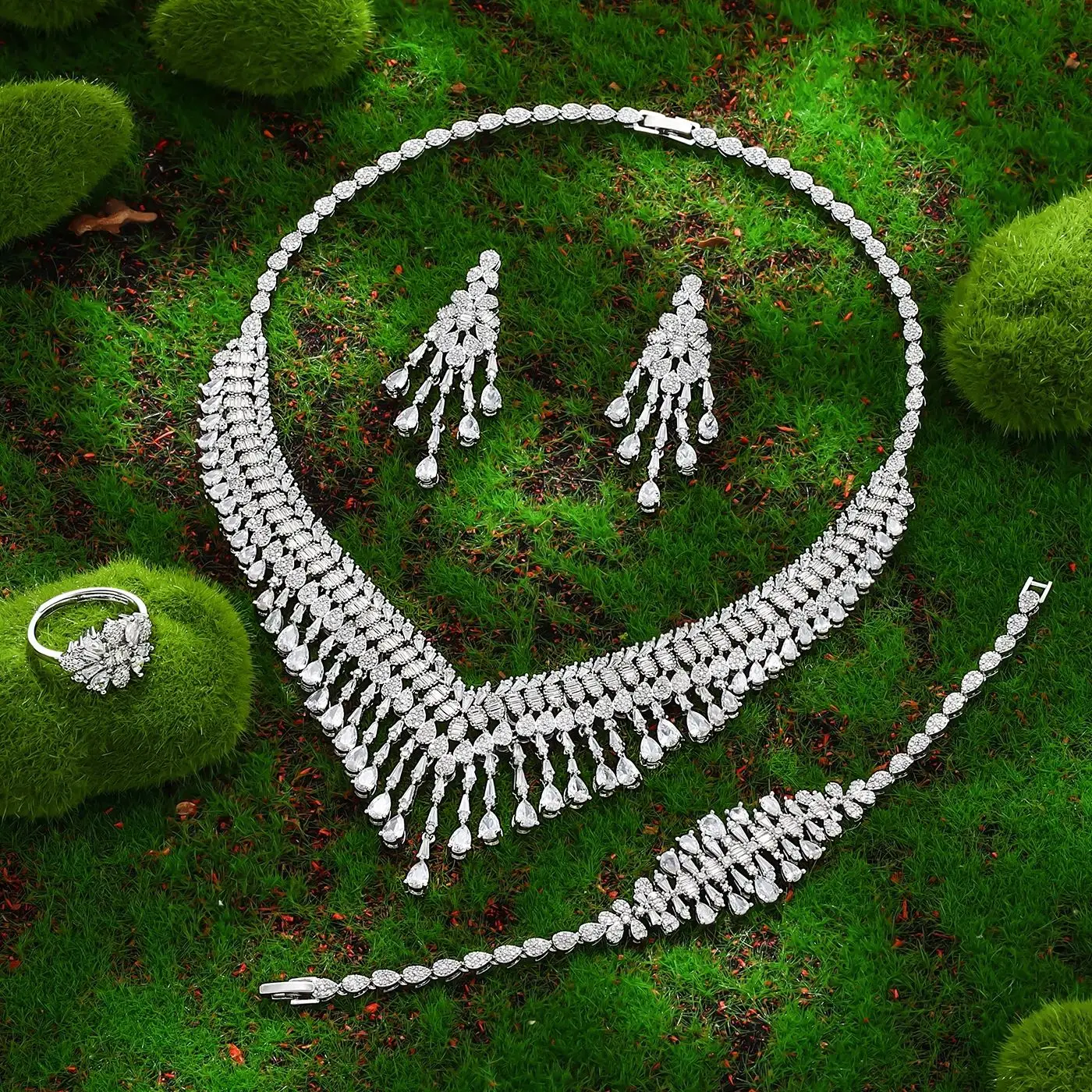 

Свадебный комплект из 4 предметов, ожерелье с полным кубическим цирконием, роскошный женский комплект ювелирных изделий, аксессуары для вечеринок