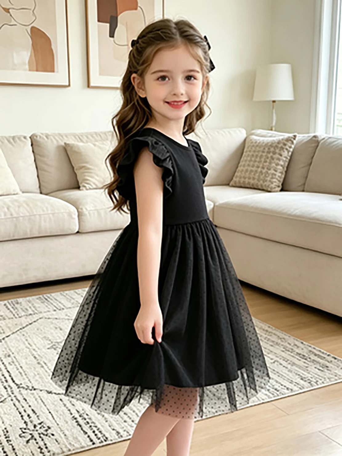 Schwarzes Prinzessinnenkleid aus Tüll mit Punkten für Mädchen, Sommerkleid mit Flatterärmeln und bauschigem Rock, stilvolles formelles Kleid für Kinder – Detail 4