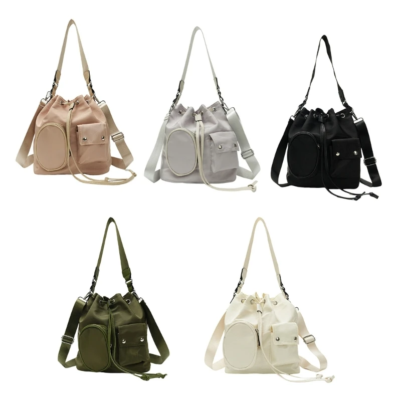 Trendy Nylon Crossbody Bucket Bag Simple Ruched Drawstring Multi Pockets Shoulder Handbag Purse for Women Everyday Use