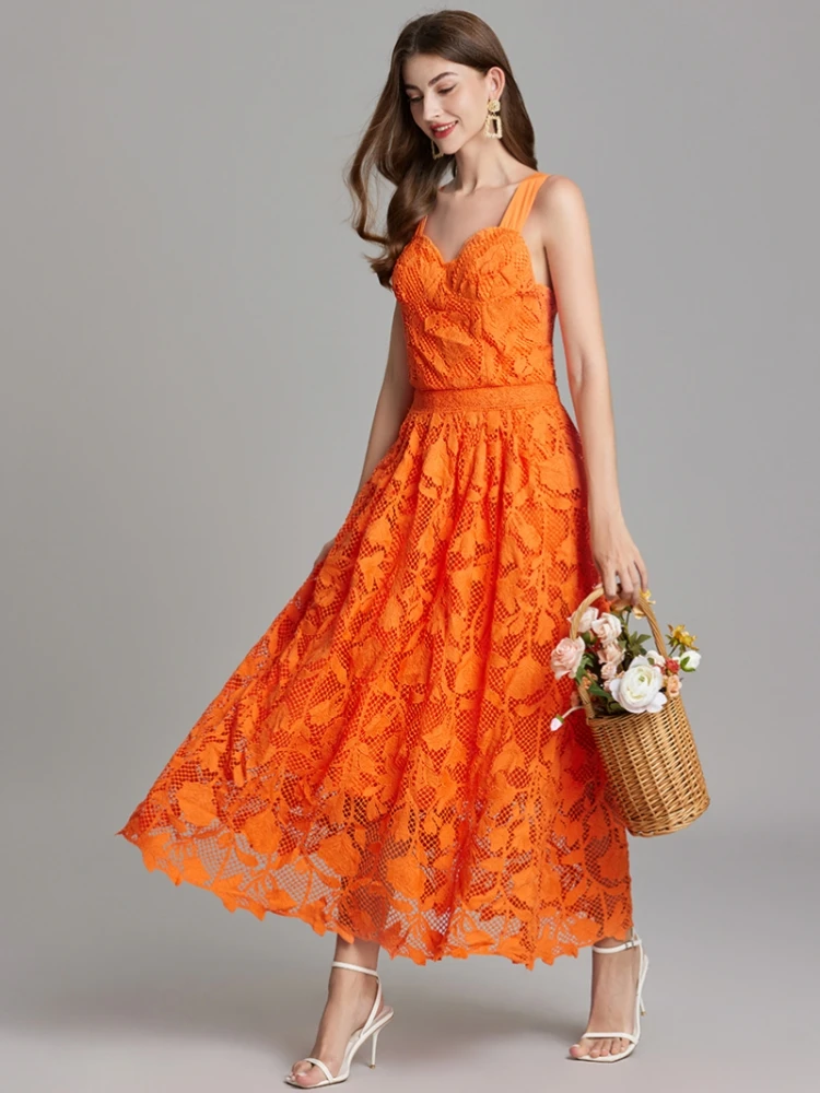 High Quality Runway Orange Water Soluble Lace Flower Embroidery Dress Women's Strap Cup Padded Sexy Party Prom Vestidos