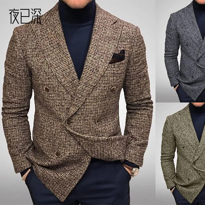 

2026 Men's Plaid Blazer Business Casual Double Breasted Slim Fit Gentleman Dinner Dress Jacket Plus Size Male Outerwear