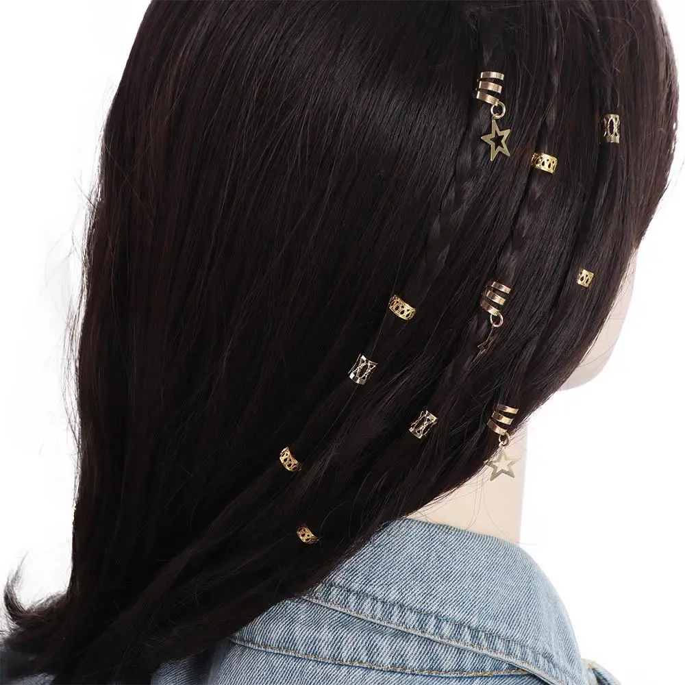 36pcs Dread Locks Star Decor Hair Ring Hair Braid Tubes Cuff Clips Hair Braiding Metal Cuffs DIY Charm Braided Hair Rope