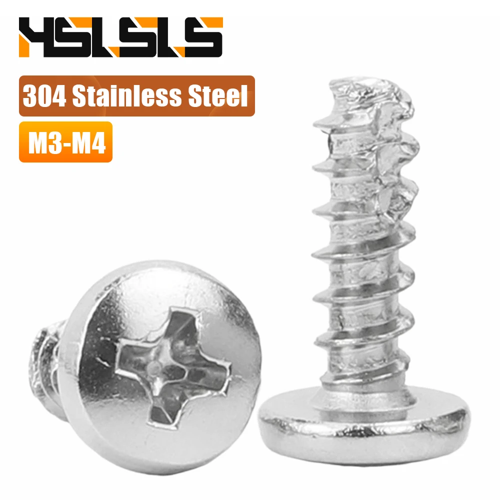 50pcs 304 Stainless Steel Cross Pan Head Cutting Tail Screw M3 M3.5 M4 Phillips Round Head Flat End Self Tapping Screw