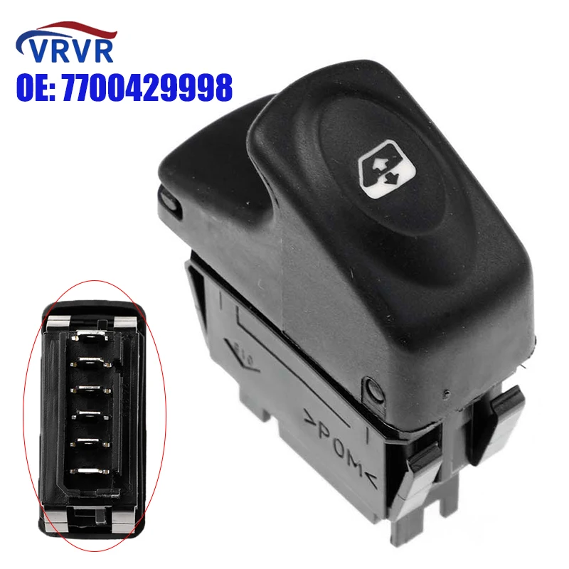 VRVR 7700429998 6 Pins Electric Window Single Switch For Renault Clio Kangoo Megane Scenic