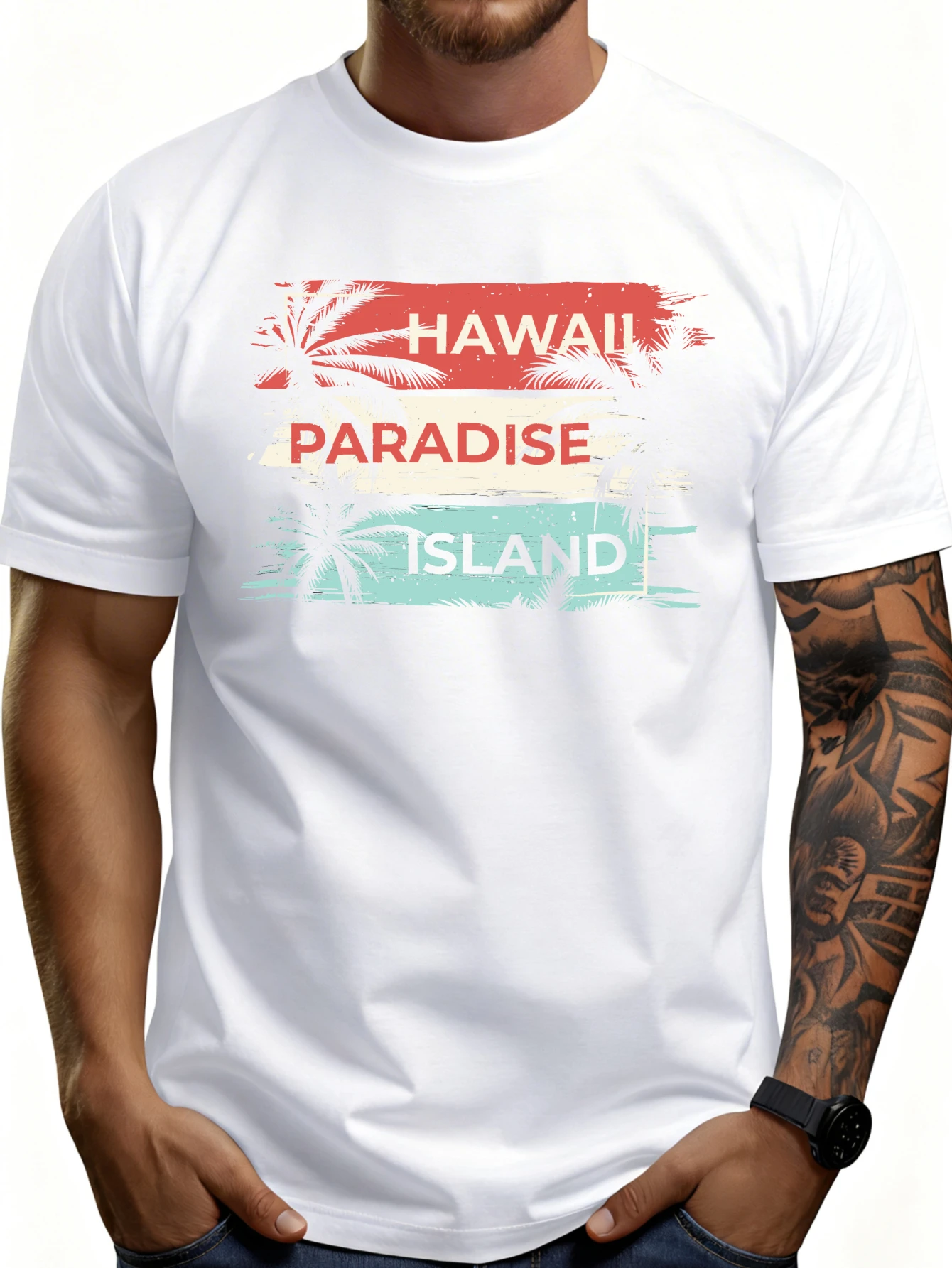 Casual Summer Style Men's T-Shirt with Hawaiian Paradise Island Tropical Print, Suitable for Beach Vacations and Warm Weather, a Gift for Travel Enthusiasts and Adventurers