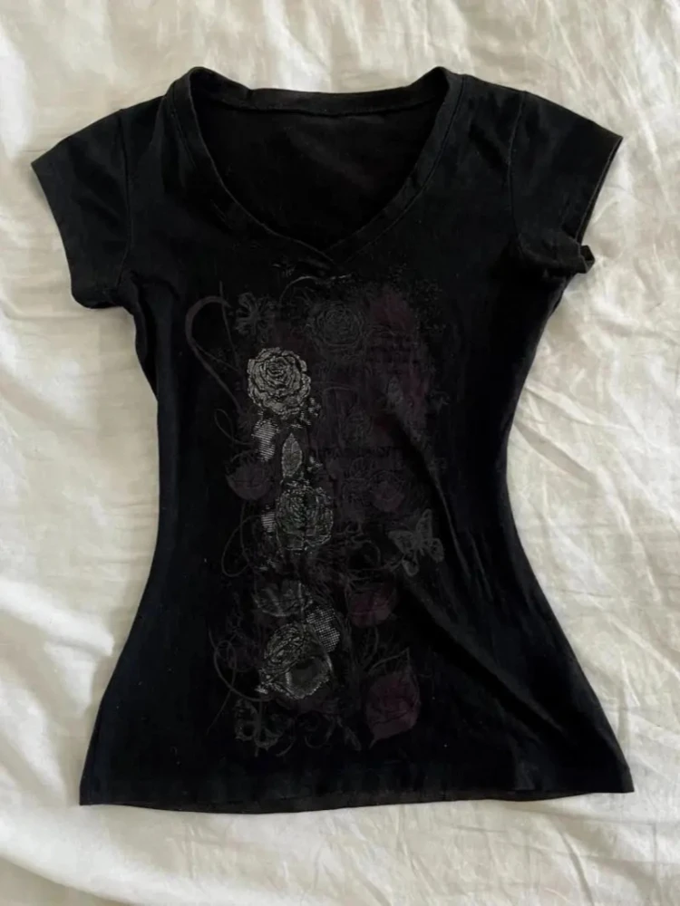 

Y2K винтажные готические топы с v-образным вырезом, женские полосатые лоскутные топы с принтом, тонкая футболка с короткими рукавами, летние модные футболки Millennial, новинка 2023 года