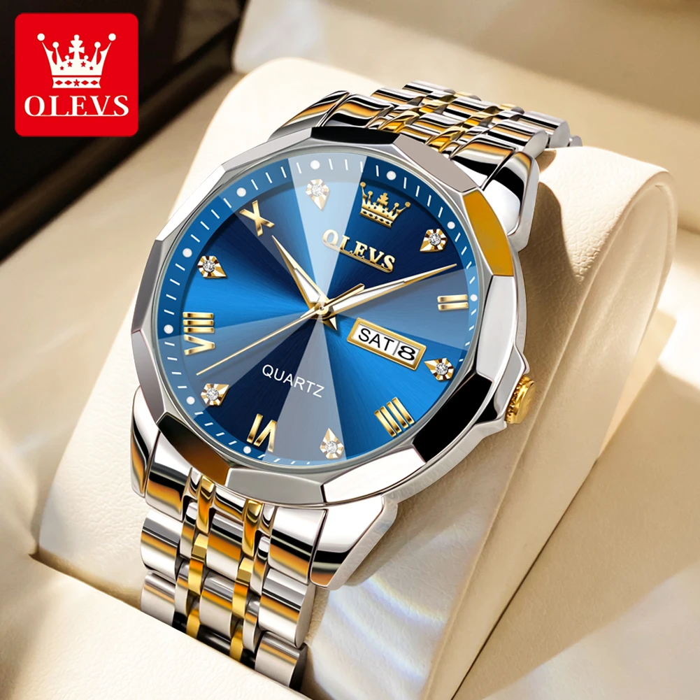 OLEVS Top Brand Fashion Quartz Watch for Men Dual Calendar Luxury Diamond Dial Waterproof Stainless Steel Strap Men Wristwatch