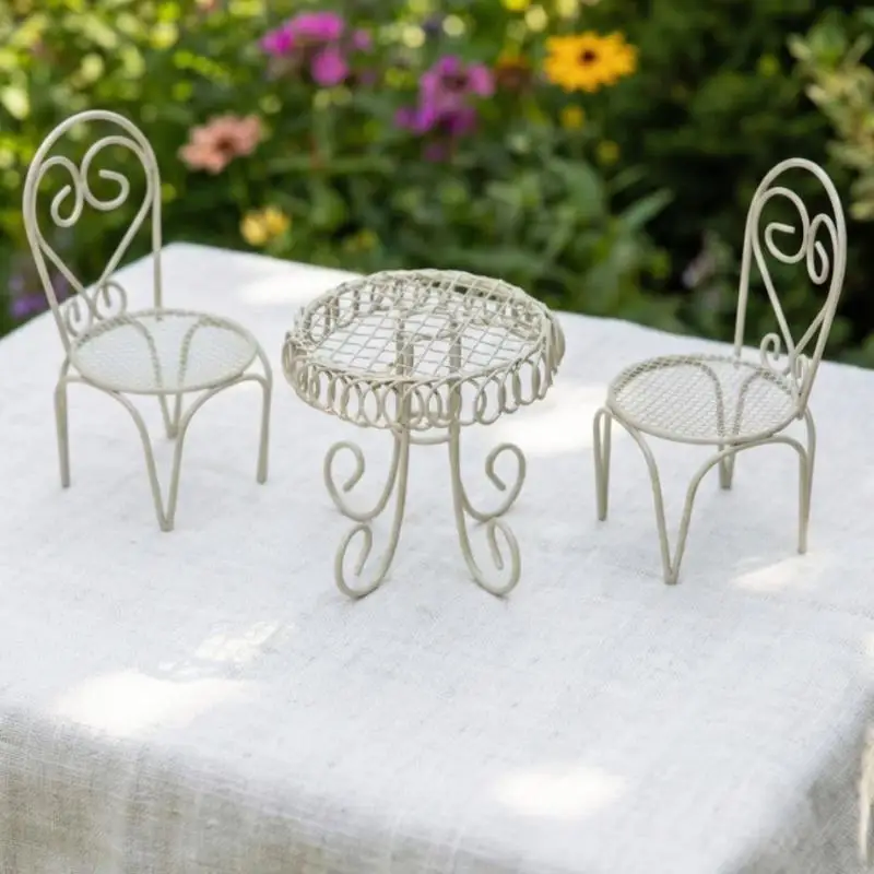 1/3Pcs Dollhouse Garden Display Ornament Prop Accessory Miniature Table Chair Model Tiny Home Decor Iron Furniture view 3