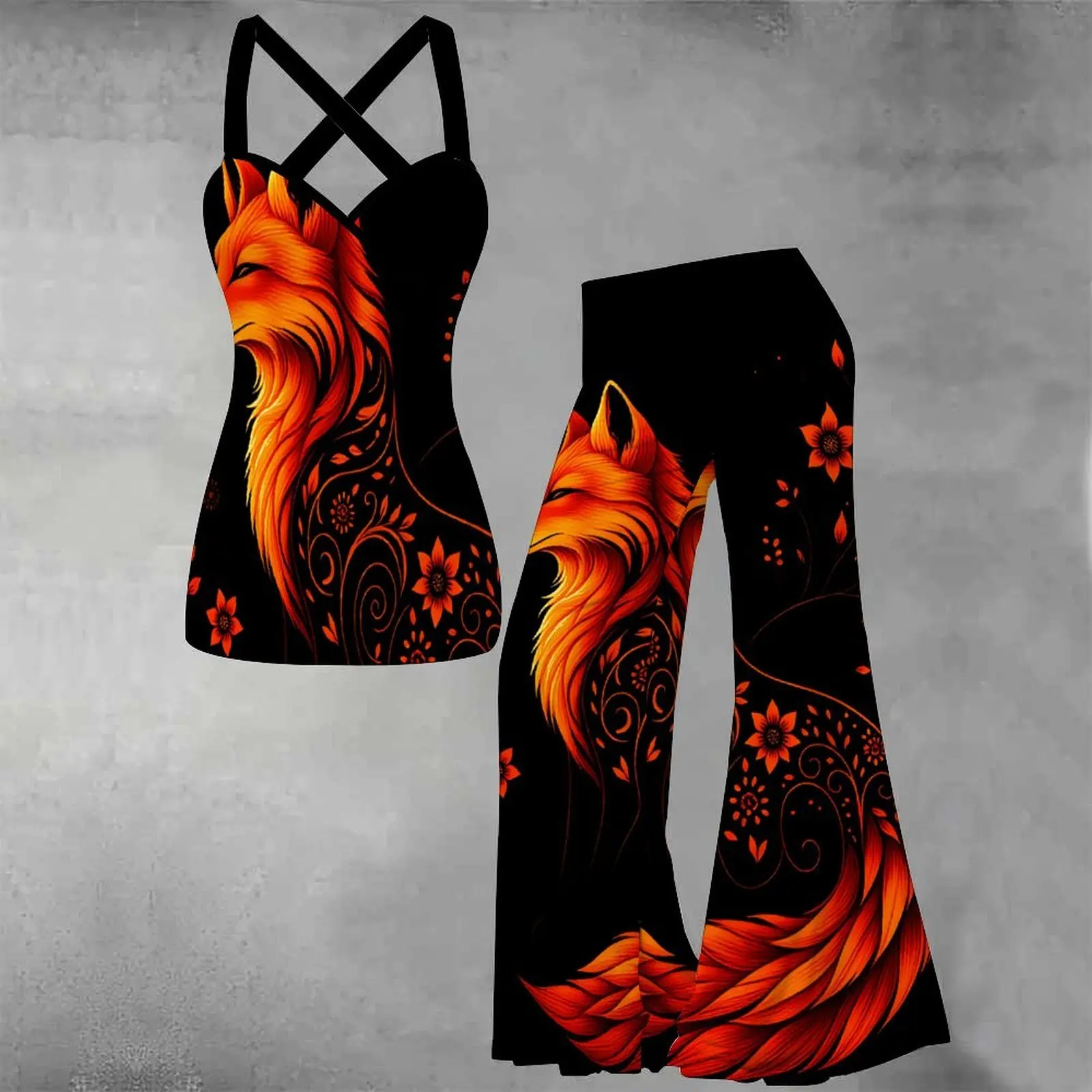 Elegant Fashion Vacation Print Top Fashion Flared Pant Sexy Vest Slim Pants SetAutumn Winter Women's Two Piece Set