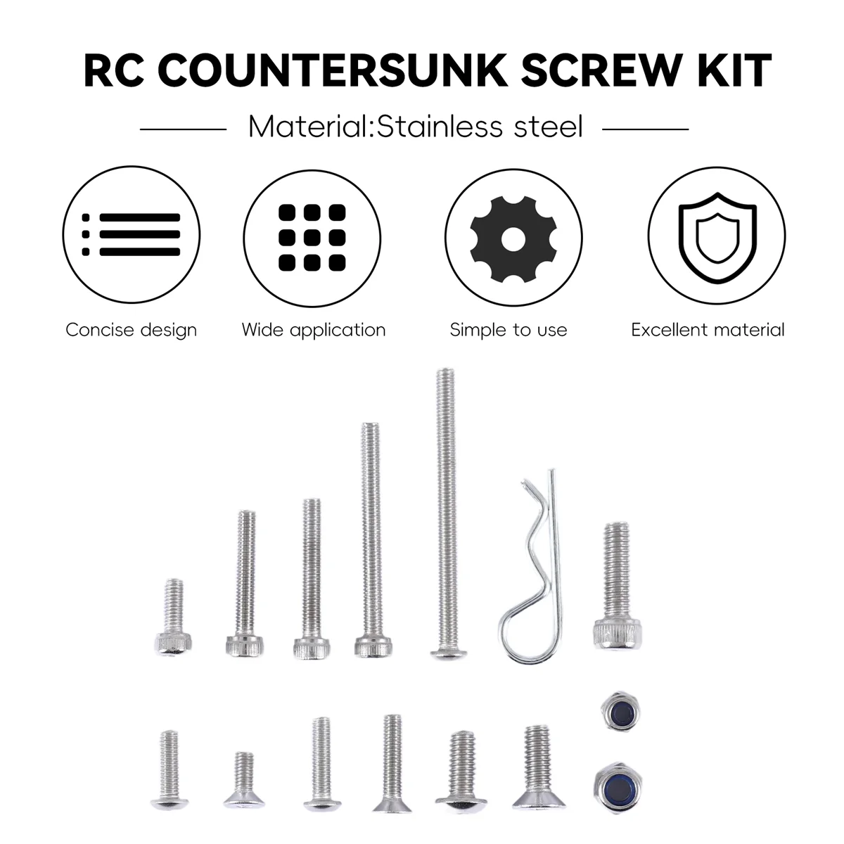 ชุดสกรู countersunk สแตนเลส205ชิ้นสำหรับ1/10 1/8 Traxxas Slash rustler Axial HSP arrma redcat รถบังคับวิทยุ