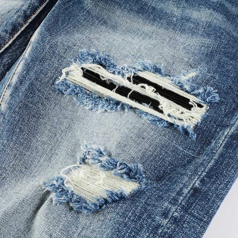 Y2Kdesigner's new denim jeans, washed with water, nostalgic stretch, slim fit, black leather patch, blue jeans, high street